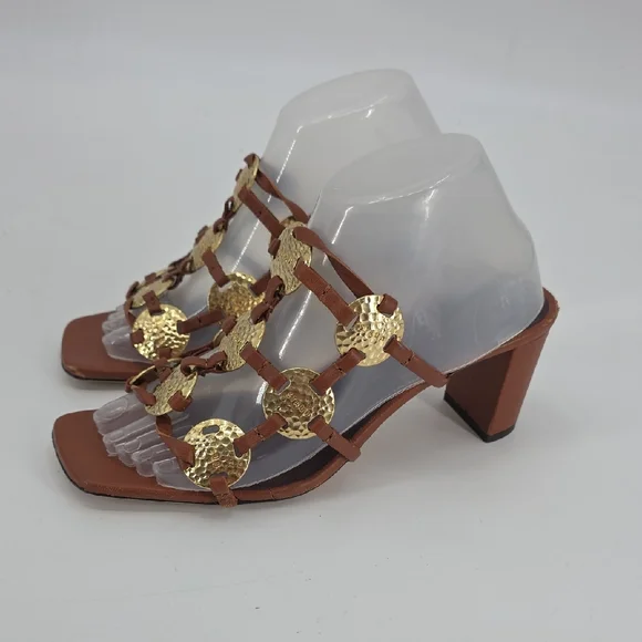 STAUD Pucky Brown And Gold Heeled Sandals Size 38