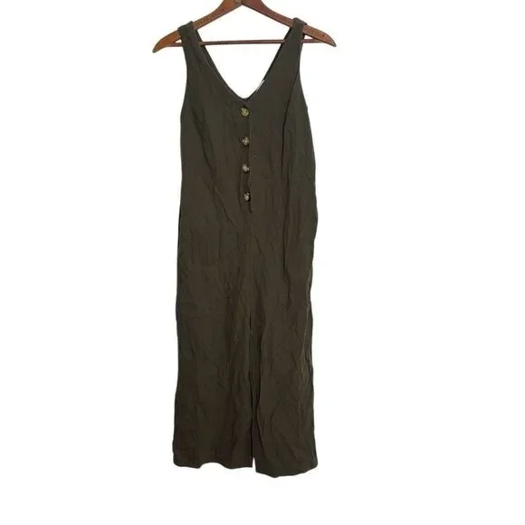 Monteau Sleeveless Linen Blend Cropped Wide Leg Jumper Romper Olive Green Small