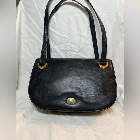Vintage Bally Bag Dark Navy Blue Leather Shoulder Bag Gold Hardware Logo Clasp