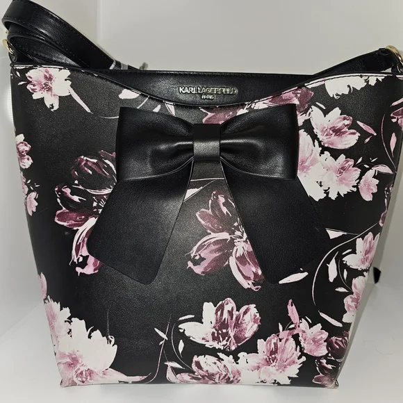 Karl Lagerfeld Paris Black and Pink Floral Shoulder Bag