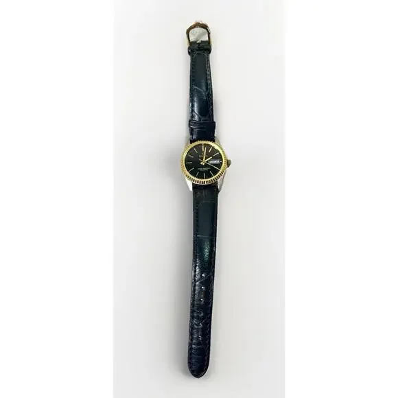 Elgin Quartz Watch Black Dial Day Date Gold Bezel Leather Strap ES173012 Works