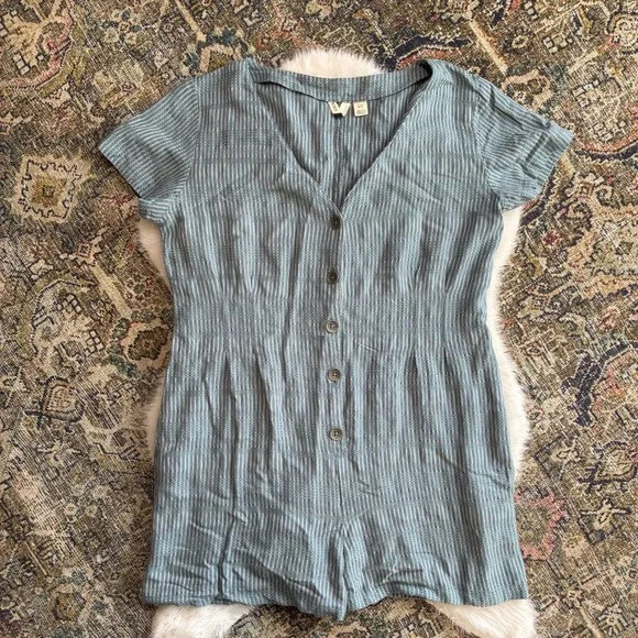 Roxy Womens Blue Striped Button Front Romper V-Neck Short‎ Sleeve XL RN114199