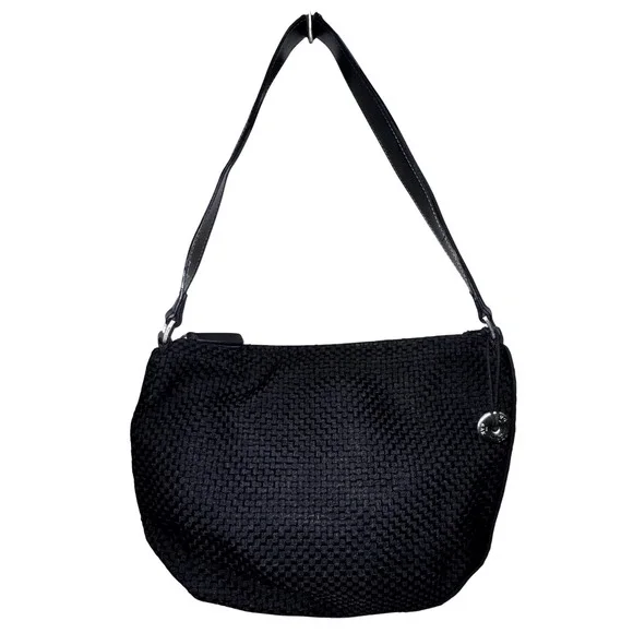 The Sak Woven Hobo Shoulder Bag Black Textured Leather Strap Accent EUC