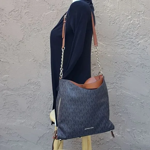 Authentic Michael Kors Devon MK Signature Large Shoulder Tote Bag in Brown