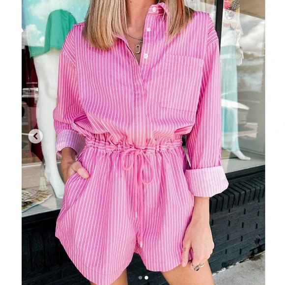 Pistola Striped Cotton Button Down Romper Size M Preppy Coastal Euro Summer