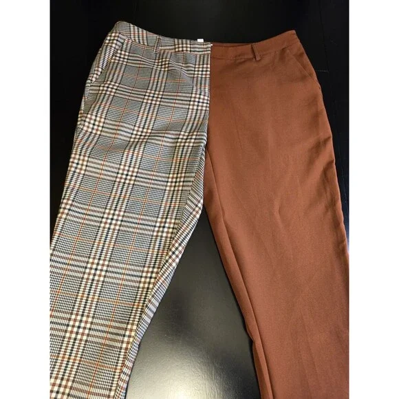 L'ATISTE by Amy Split Leg Trousers Size L Plaid & Solid Brown Two Tone Pants