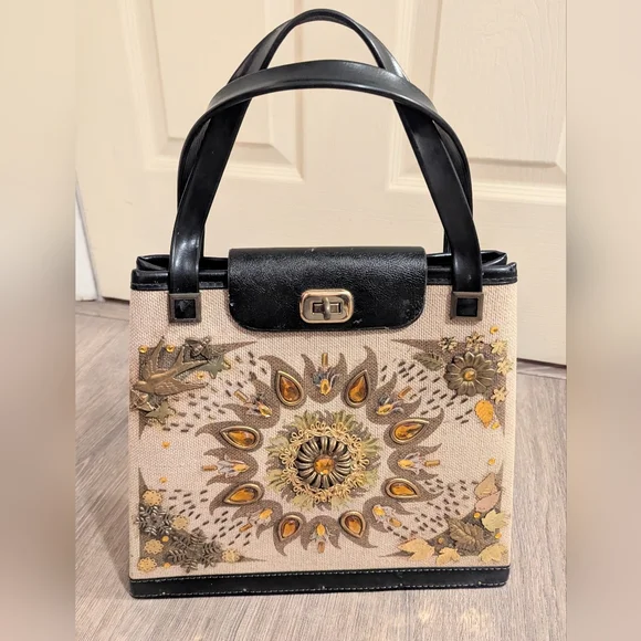Vintage 60s Sunburst Celestial Embellished Linen Handbag