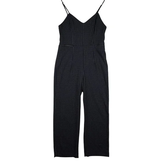 Anthropologie Black‎ Pinstripe Sleeveless Jumpsuit Sz 0p Wide Leg Minimalist