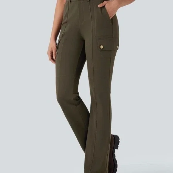 Halara Daystretch Mid Rise hiking Cargo Bootcut Olive Pants Medium Petite