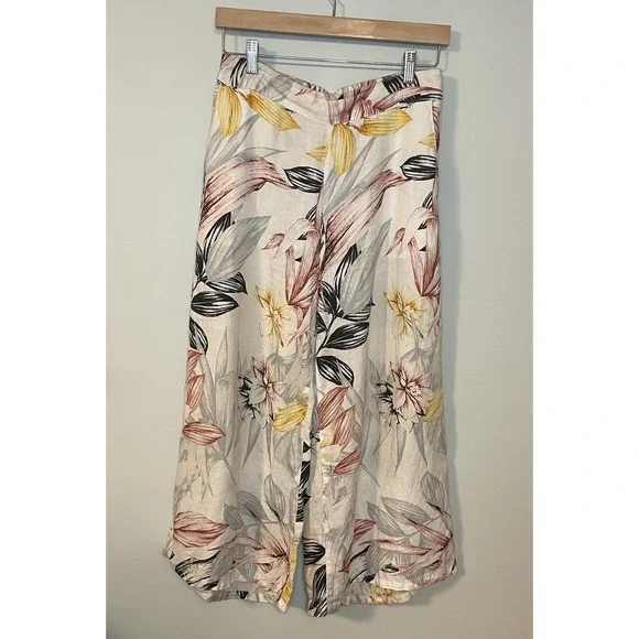 C&C California‎ Womens Sz Small 100% LINEN Floral Cropped Wide Leg Pants Trouser