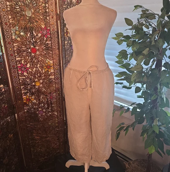 Lord & Taylor 100% Linen Wide Leg Capri Pants Size Large Boho Grandma