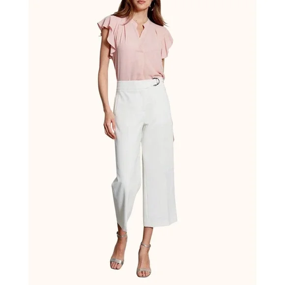 Elie Tahari T Tahari White‎ Crepe Wide Leg Cropped Pants D-Ring Belt Size 8 NEW
