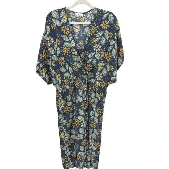 On The Road Womens Floral Batik Surplice V-Neck Drawstring Cropped Jumpsuit Navy