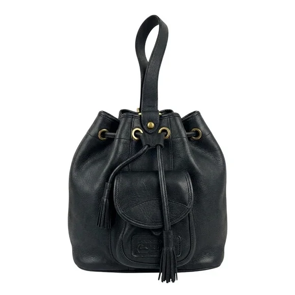 Dooney & Bourke Vtg Blk Leather Drawstring Bucket Bag Made in USA Tassel Classic