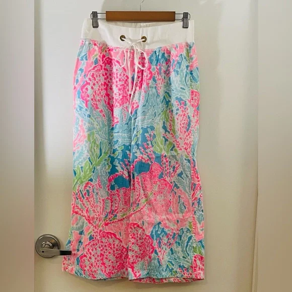 Lilly‎ Pulitzer lets Cha Cha Linen Palazzo beach Pants coral print Small Rare