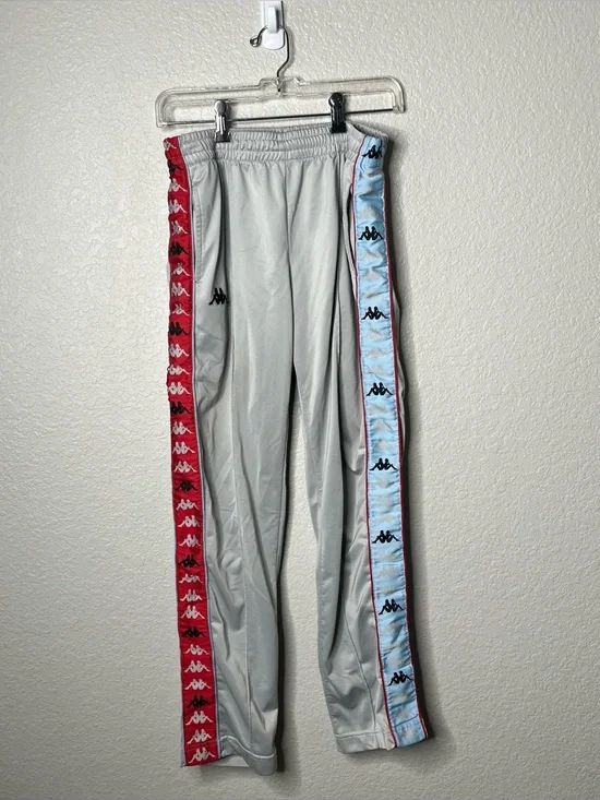 Kappa Y2K Track Pants Gray Side Stripe Logo Joggers Red Blue Streetwear Medium