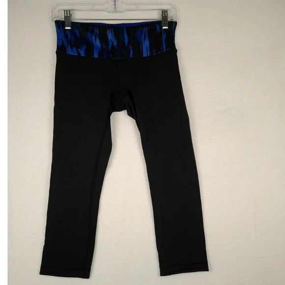Lululemon Athletica‎ Black Blue Tie Dye Waistband Capris Leggings Women's Size 6