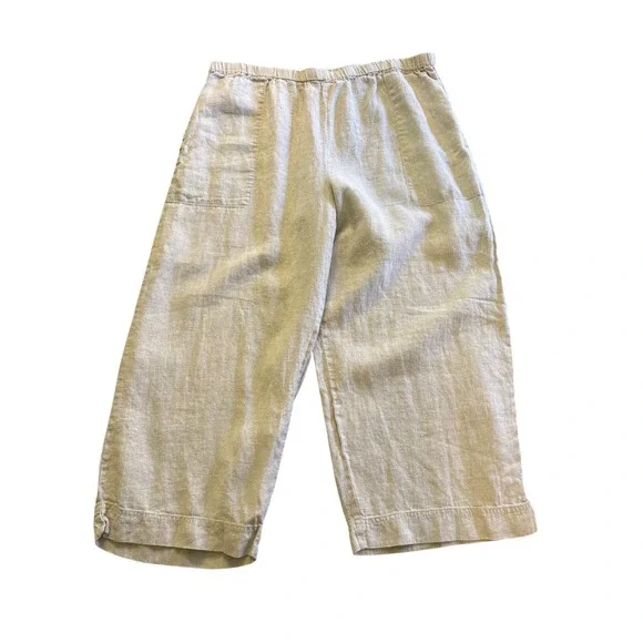 Chicos Design Womens 100% Linen Cropped Pants Beige Coastal Resort Size 3 XL