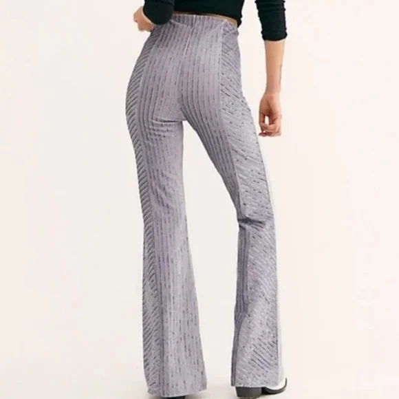Free People Ribbed Shimmer Flare Pants Gray Knit Pull-On High‎ Rise Boho Small