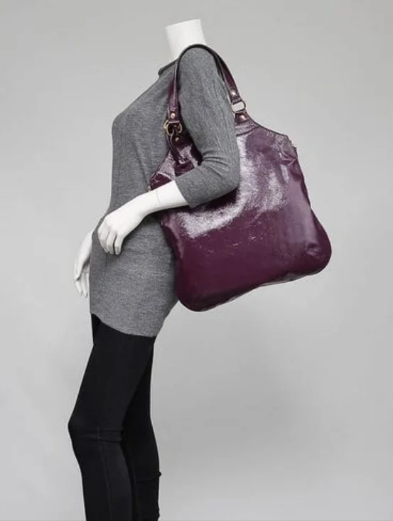 YSL YVES SAINT LAURENT SAC METROPOLIS / TRIBUTE BAG AUBERGINE EGGPLANT PATENT