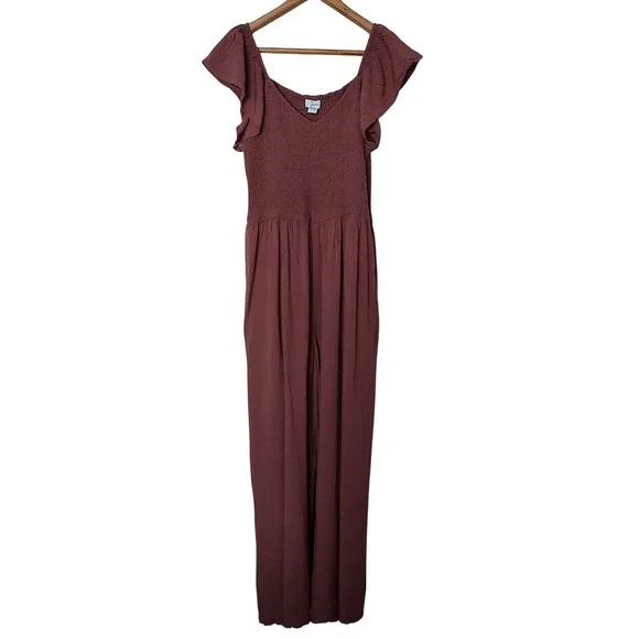 Japna Smocked Flutter Sleeve Wide Leg Jumpsuit Terracotta Brown Mauve Boho
