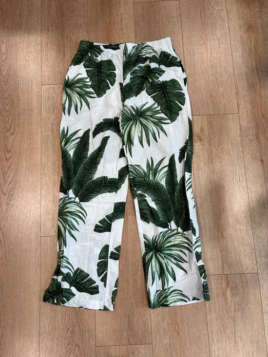 Andrea Jovine Tropical Palm Print Linen Blend Pants Size M Wide Leg