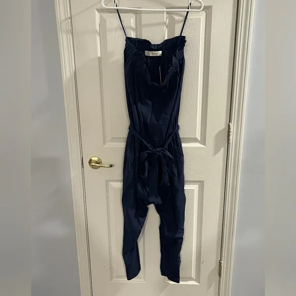NWT Jach's Girlfriend Gold Womens Navy Blue Linen Blend Strapless Jumpsuit Sz LG