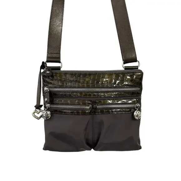 Brighton Green Grey Nylon Leather Croc Embossed Crossbody Handbag