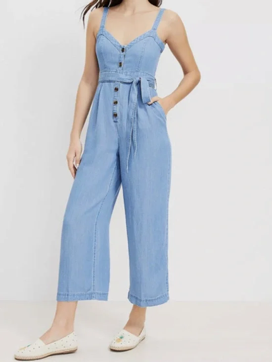 LOFT Belted Sleeveless Wide Leg Chambray Strappy Jumpsuit Women’s SZ 2 in blue