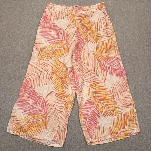 Tahari Linen Wide Leg Capri Pants Womens XL Tropical‎ Floral Coastal Resortwear