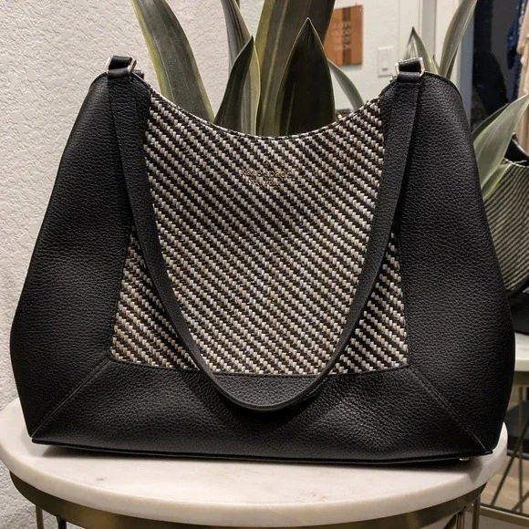 Kate Spade Lena Straw Triple Compartment Shoulder Bag Black Pebbled Leather
