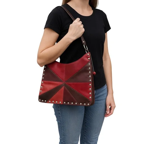 Patchwork Y2K Shoulder Bag Red Burgundy Brown‎ Studded Magnetic Snap