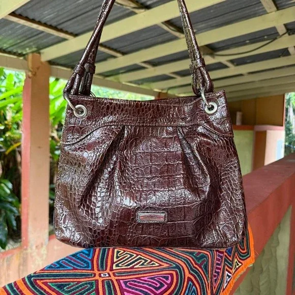 Alfred Dunner Brown Faux Croc Shoulder Bag Tote Purse Retro Old Money