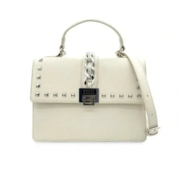 BADGLEY MISCHKA Chain Trim Two Way Shoulder Bag Crossbody Purse Strap Off White