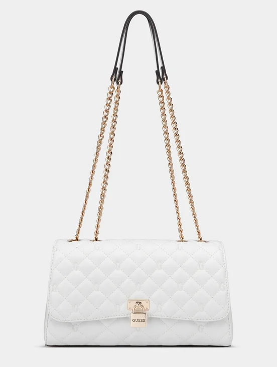 Guess Quilted White Shoulder Bag with Gold Chain Strap