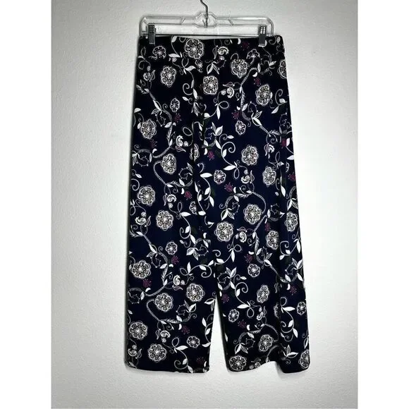 Ashley Blue Elastic Waist Boho Casual Pant Floral Print Size XL Navy Blue White