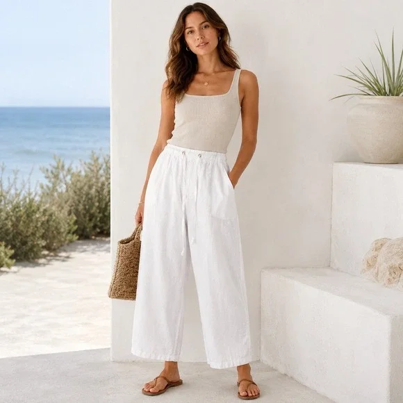 White Linen Paperbag Pants L XL Wide Leg Ankle Coastal Minimalist