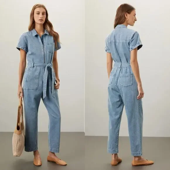 Splendid Erika Denim Jumpsuit Short Sleeve Zip Front Tie Waist Tapered Blue M