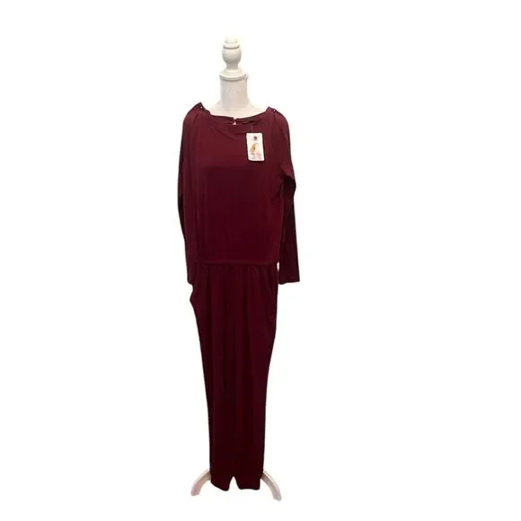 NWT Pretty Garden size small long sleeve elastic waist pockets burgundy jumpsuit