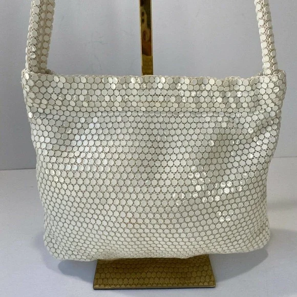 Vintage Handmade White Sequin Mesh Shoulder Bag Purse Hinged Opening