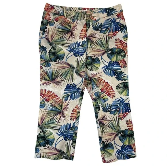 Chico's Pants Women 16 Multi Color Cropped Tropical‎ Botanical Cotton Blend