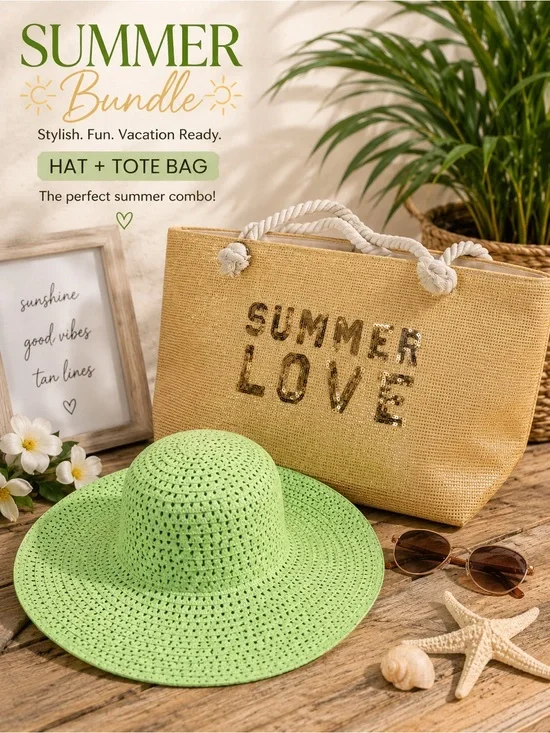 Summer Love Straw Tote & Lime Green Sun Hat