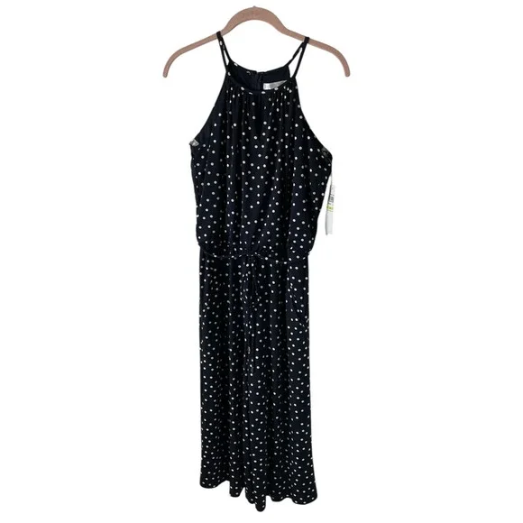 London Times Navy White Polka Dot Halter Neck Wide Leg‎ Jumpsuit Size 4