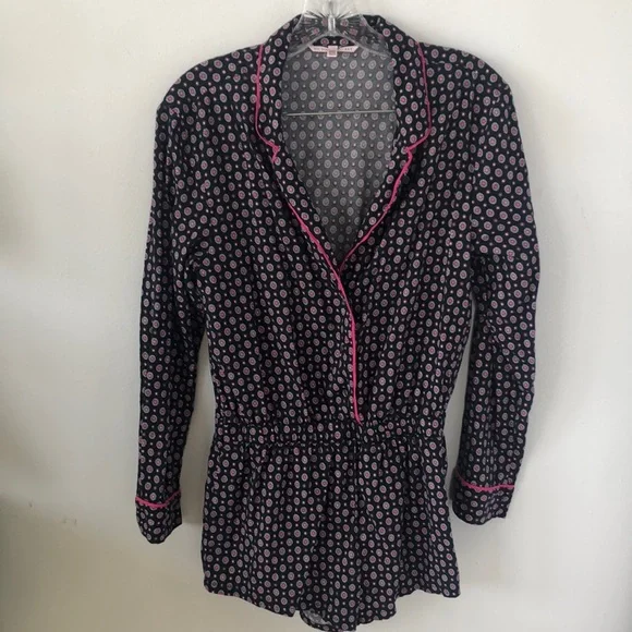 Victoria's Secret Cotton Blend Soft Lounging Romper Black & Pink Print Sz XS EUC