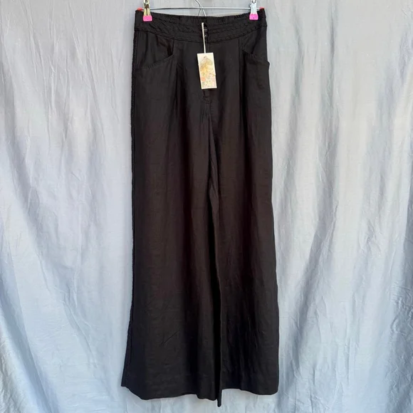 Johnny Was Madaleina Wide Leg Pleated Linen Pants Black XS NWT $198