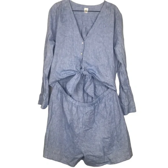 GAP blue linen blend tie front romper