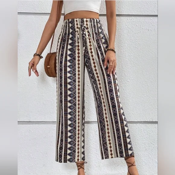 NWT Womens Wide Leg Pants High Elastic Waist Adjustable Knot Vaca Boho Geo Print