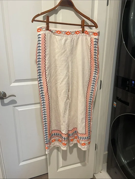 Anthropologie Cream Wide-Leg Pants with Blue and Orange Embroidery