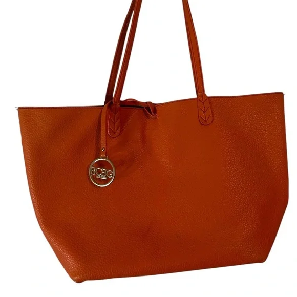 BCBG Paris Orange Faux Leather‎ Tote – Gold Accents & Blue Interior