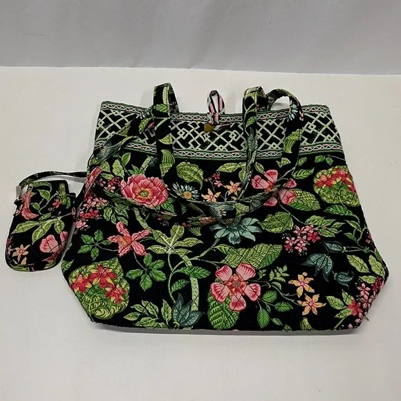 Vera Bradley Tote Bag Black Green Botanical Floral Quilted Purse w/Hanging Pouch